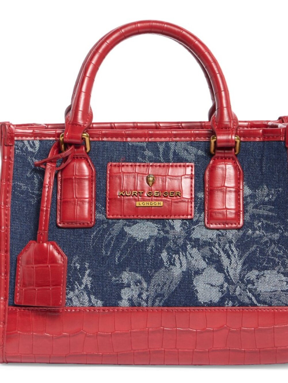 Kurt Geiger Chiswick Blue Denim Tote Bold Red Croc Embossed Trim NWT